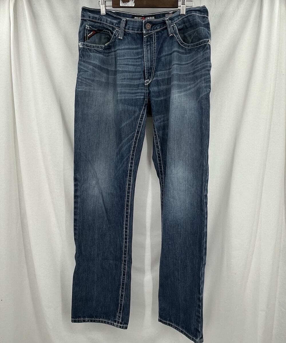 Ariat Men's M4 Low Rise Fire Cat 2 Rated Boot Cut Blue Denim Jeans Size 36x36